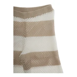 Pantalon beige à rayures en coton avec motif perforé