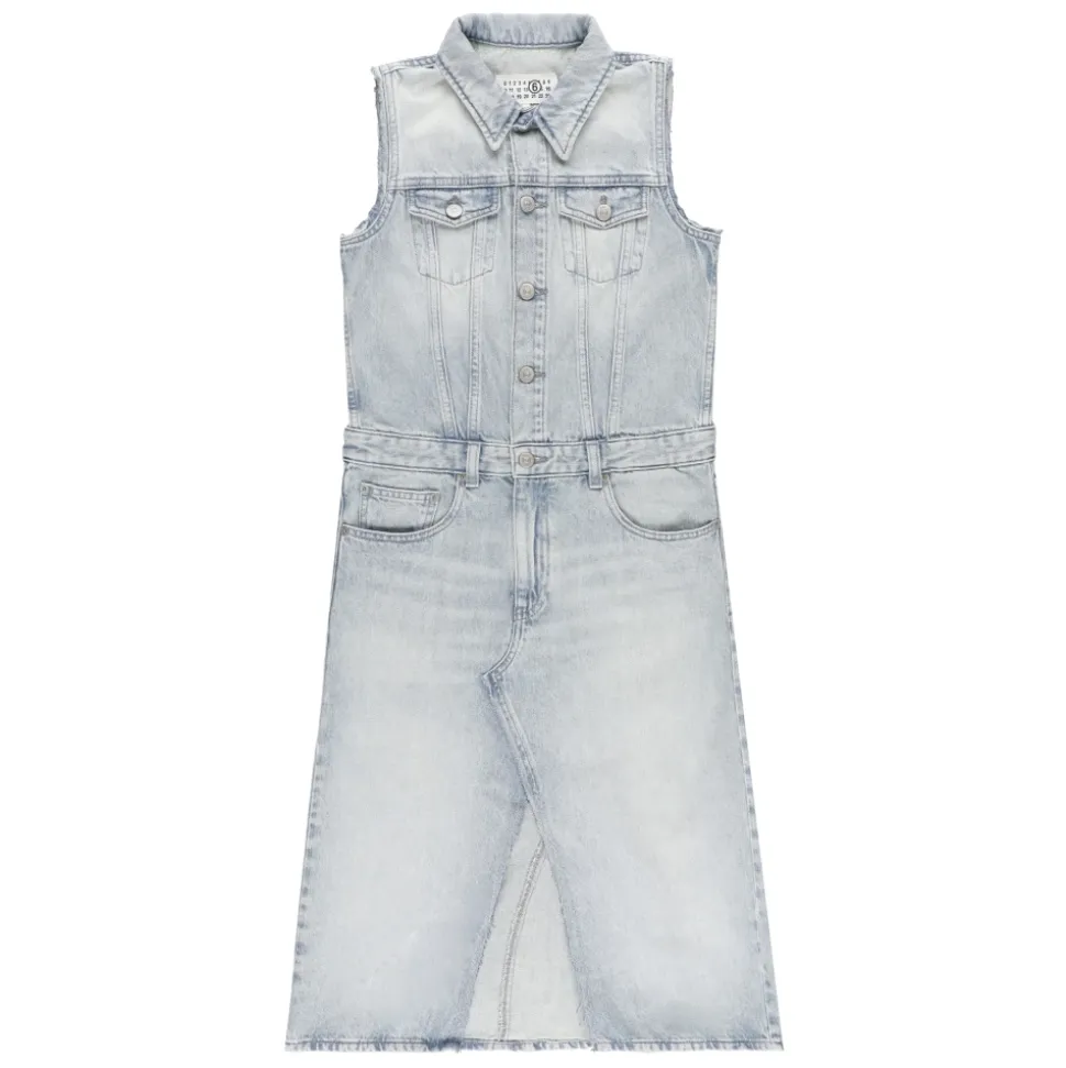 Robe en jean sans manches à effet délavé