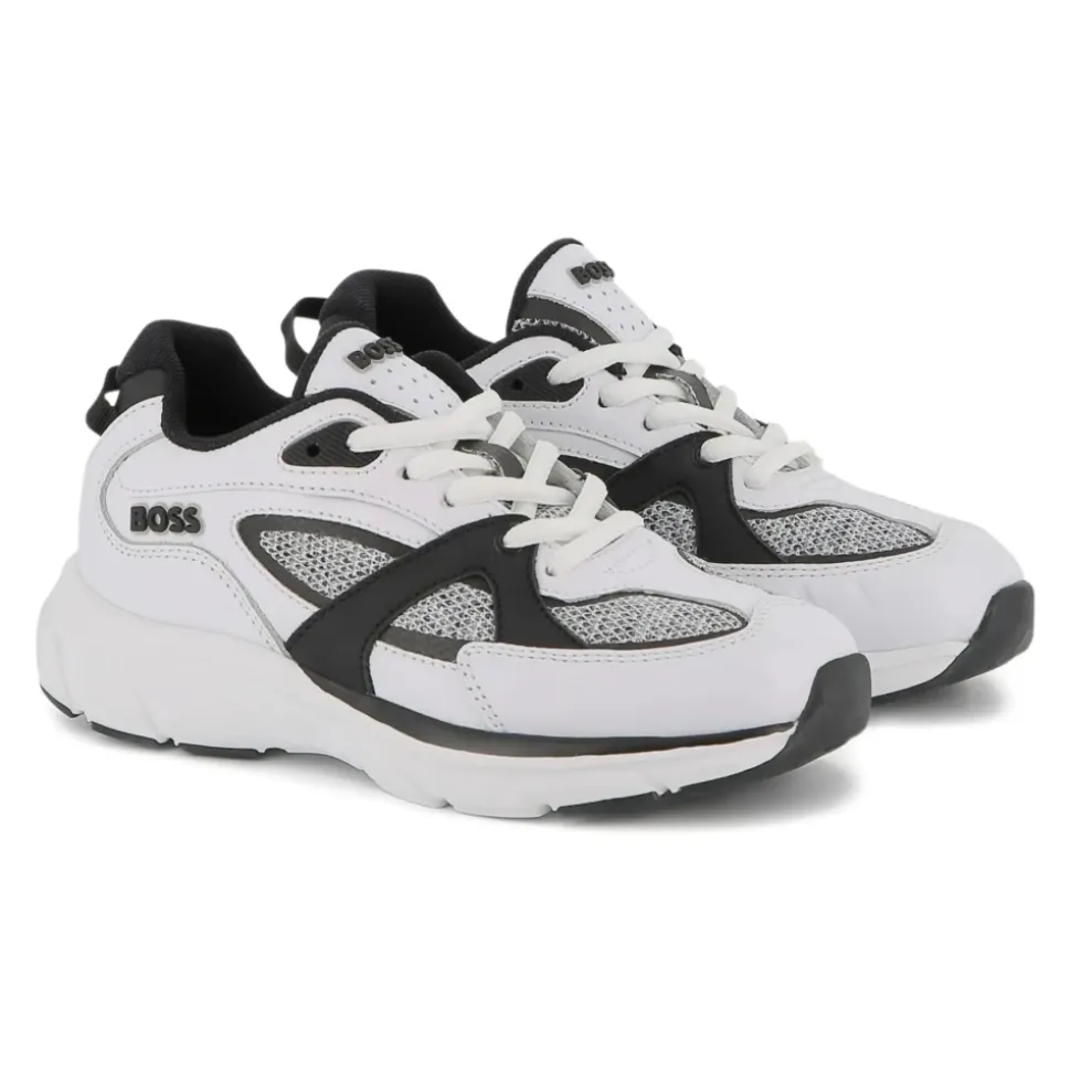 Sneakers Blanches Panneaux en Maille Semelle en Caoutchouc