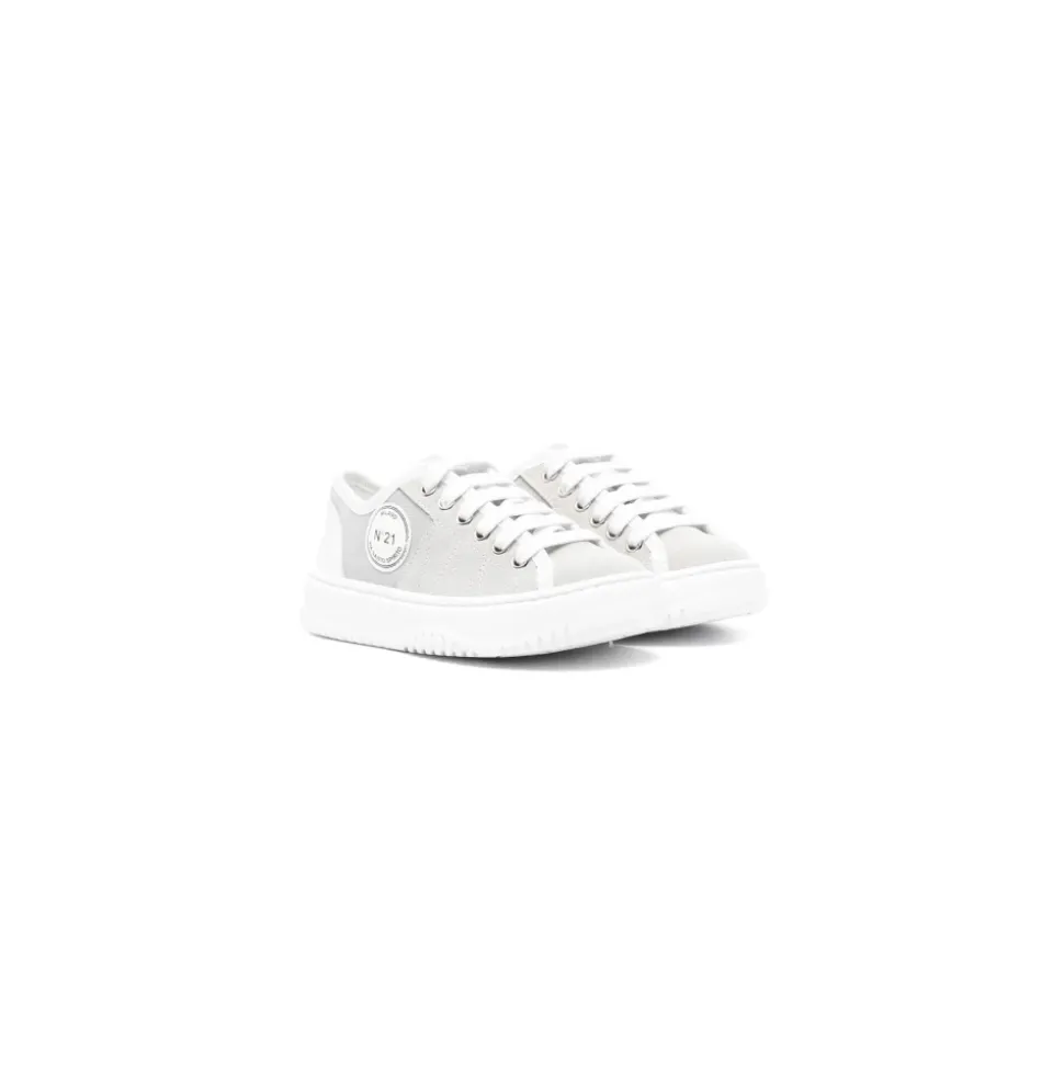 Sneakers Gris en Cuir Bout Rond Logo Patch